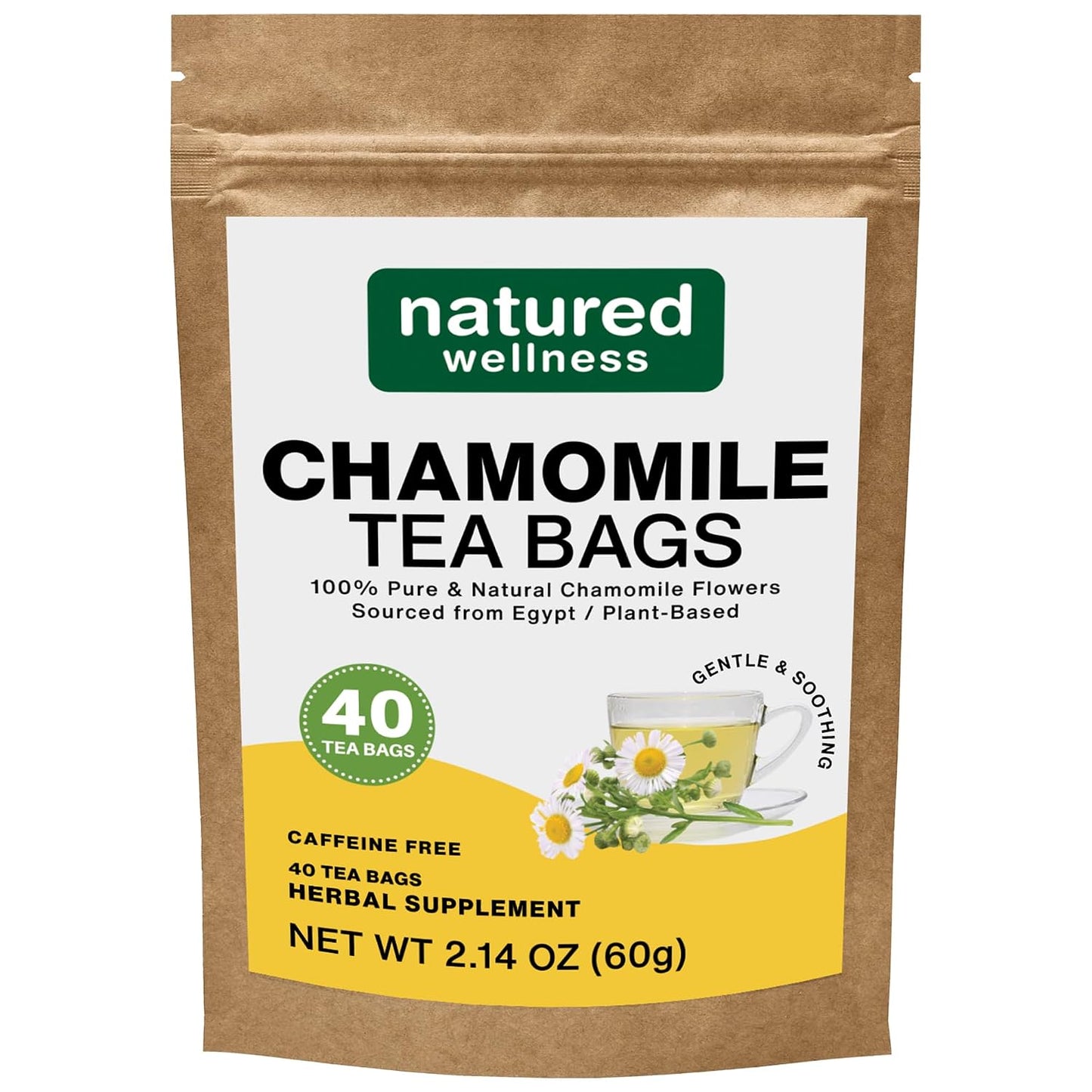 Natured Wellness Chamomile Tea Bags (40 Count), Pure Chamomile Flower Herbal Tea, No Additives or Fillers, Non-GMO, Caffeine-Free, Enjoy Hot or Iced