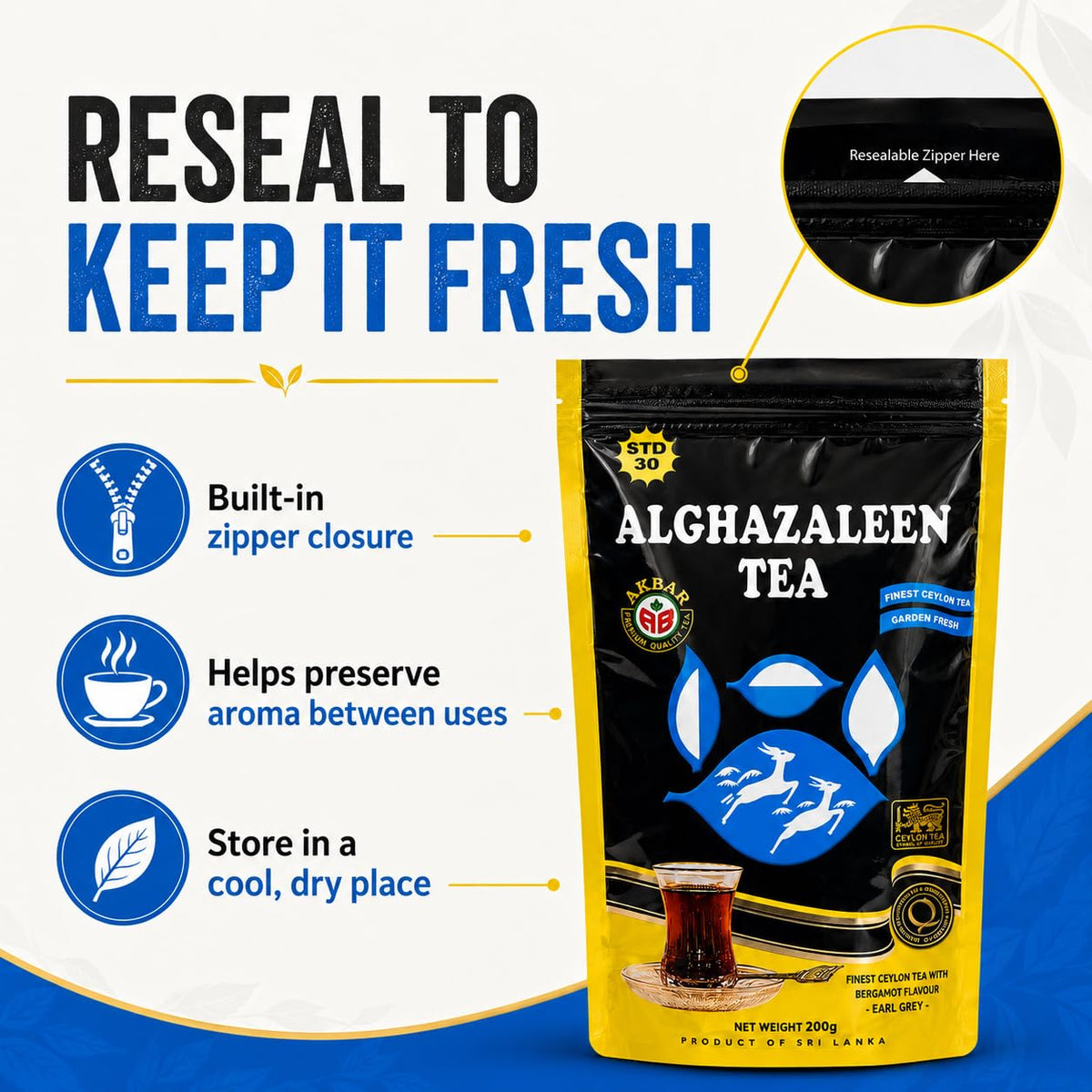 Alghazaleen Loose Leaf Earl Grey Tea, Ceylon Black Tea, 200 g (7.05 oz)