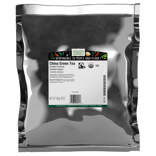 Frontier Co-op Organic Fairtrade China Green Tea, Bulk Bag - Chinese Green Tea Loose Leaf - Aromatic, Flavorful &amp; Calming - Perfect for Tea &amp; Culinary Uses | 16 Ounce (Pack of 1)