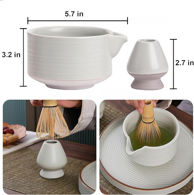 Handmade Ceramic Matcha Bowl Set with Spout & Whisk Holder - Traditional Chasen Tea Whisk Ritual Kit, Gift-Ready Chawan for Matcha Lovers
