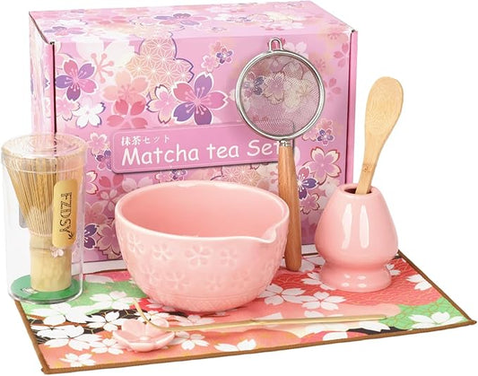 Sakura Matcha Whisk Set, 8 PCS Japanese-Style Matcha Kit with Cherry Blossom Matcha Bowl, Bamboo Whisk & Holder, Scoop, Spoon Rest