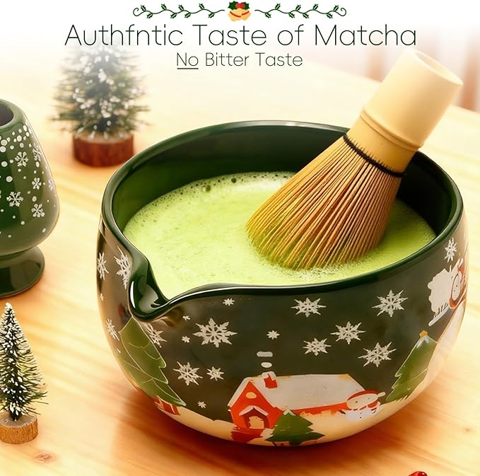 Christmas Gifts Matcha Whisk Set, Ceramic Matcha Set Includes Bowl & Holder, Bamboo Whisk (Chasen), Scoop, Spoon and Sifter