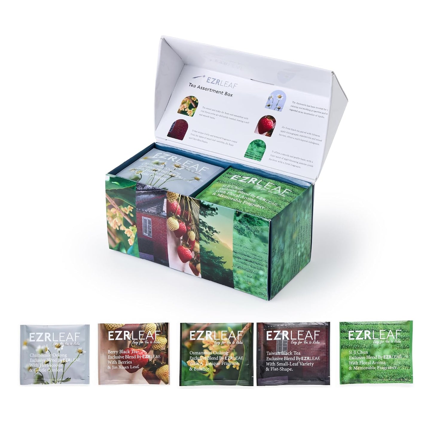 EZR Leaf Tea Sampler Gift Box– 22 Pyramid Tea Bags with Taiwan Black, Osmanthus Oolong, Chamomile Oolong, Berry Black, Four Seasons Green