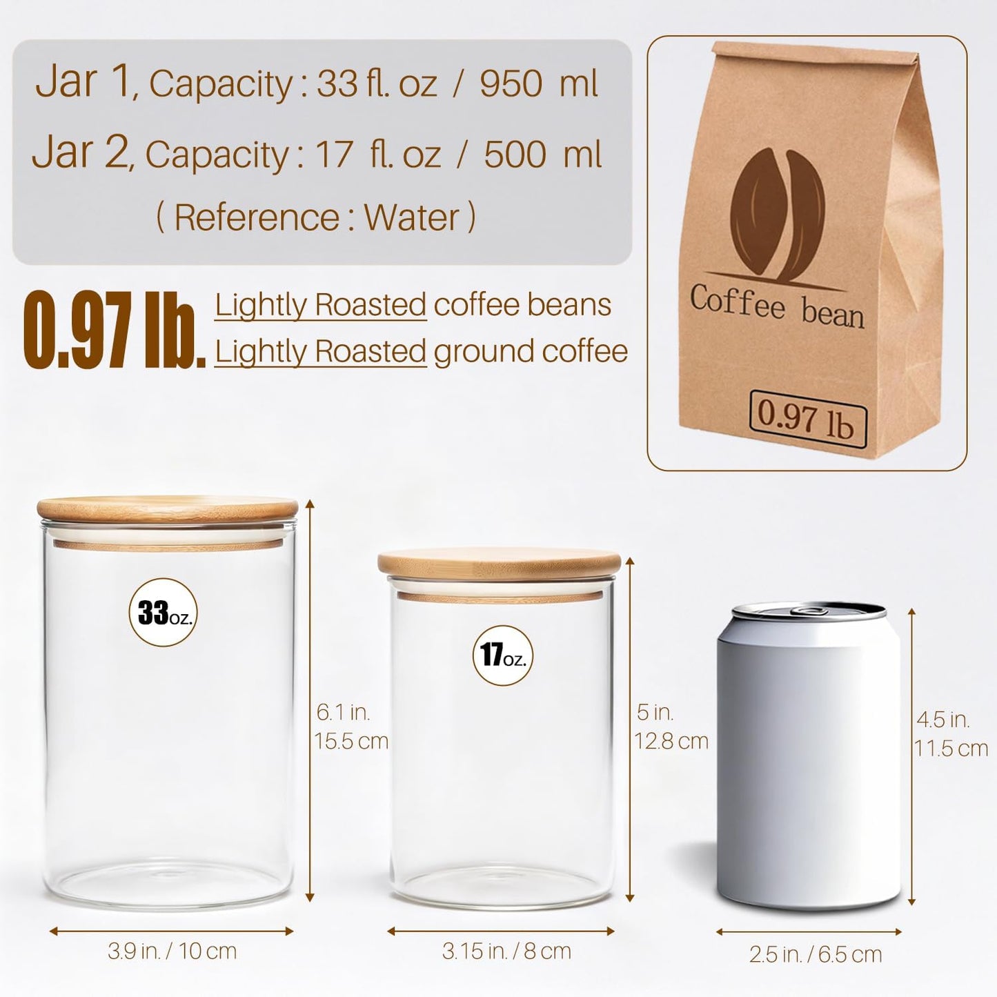 Glass Food Storage Jars with Airtight Lids, Clear Glass Jar with Bamboo Lid, Airtight Food Canister for Tea, Candy, Coffee, Sugar, Cookie, Snack. (Round | 5+6 Inch | 33+17 oz)