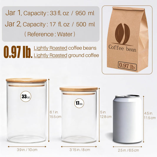 Glass Food Storage Jars with Airtight Lids, Clear Glass Jar with Bamboo Lid, Airtight Food Canister for Tea, Candy, Coffee, Sugar, Cookie, Snack. (Round | 5+6 Inch | 33+17 oz)
