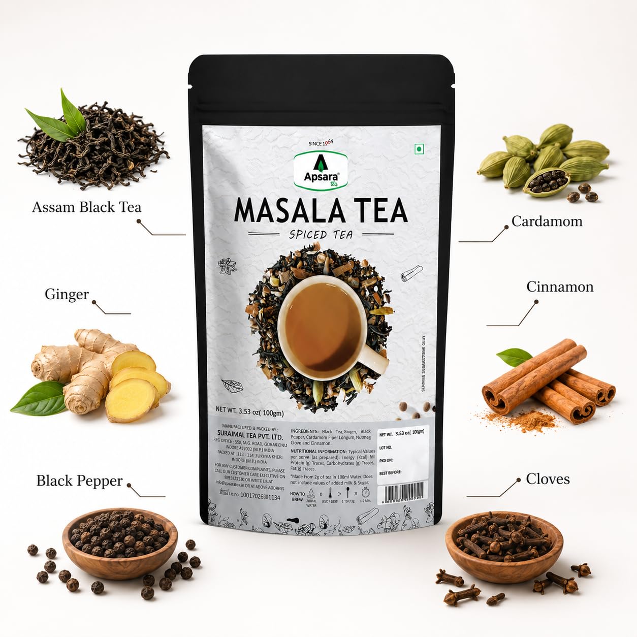 APSARA Premium Masala Chai Tea, Authentic Indian CTC Black Tea Blend with Ginger, Cardamom, Cinnamon, Black Pepper &amp; Cloves, Strong Aroma and Bold Flavor, Spiced Tea for Traditional Milk Chai, 100g