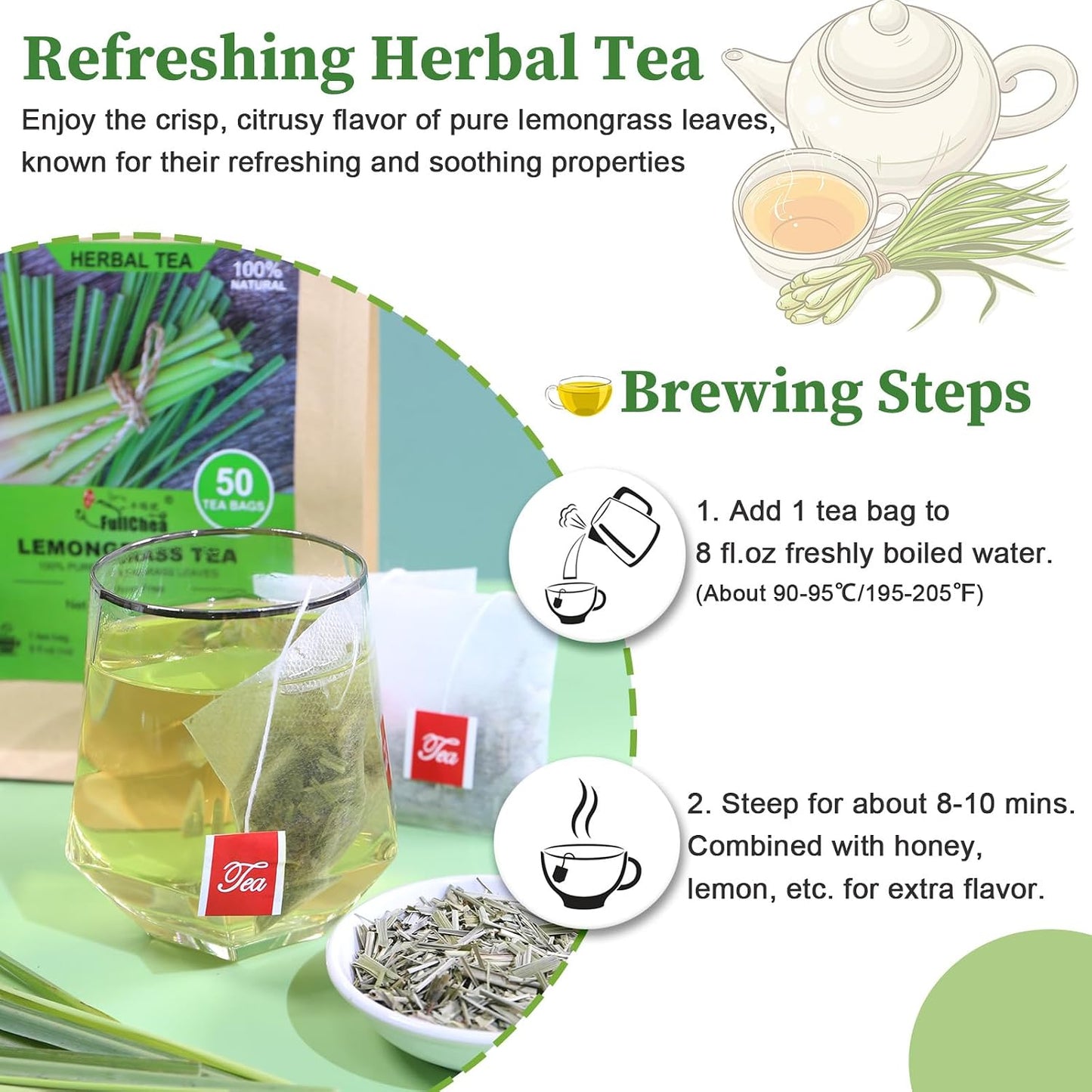 FullChea Lemongrass Tea Bags, 50 Counts, Hierba Limón, Non-GMO, Caffeine-Free