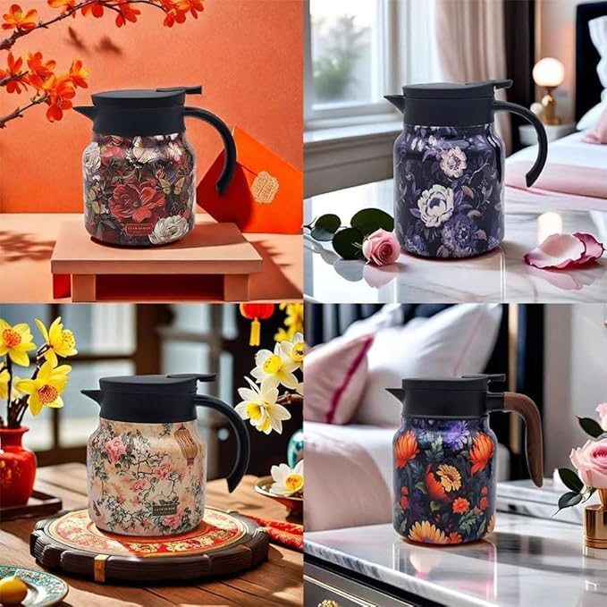Vintage Floral Pattern Teapot – Built-In Infuser, 800ML/1000ML Heatproof Stainless Steel Teapot with Lid for Hot Drinks (Orange, 1000ml-Plastic handle)