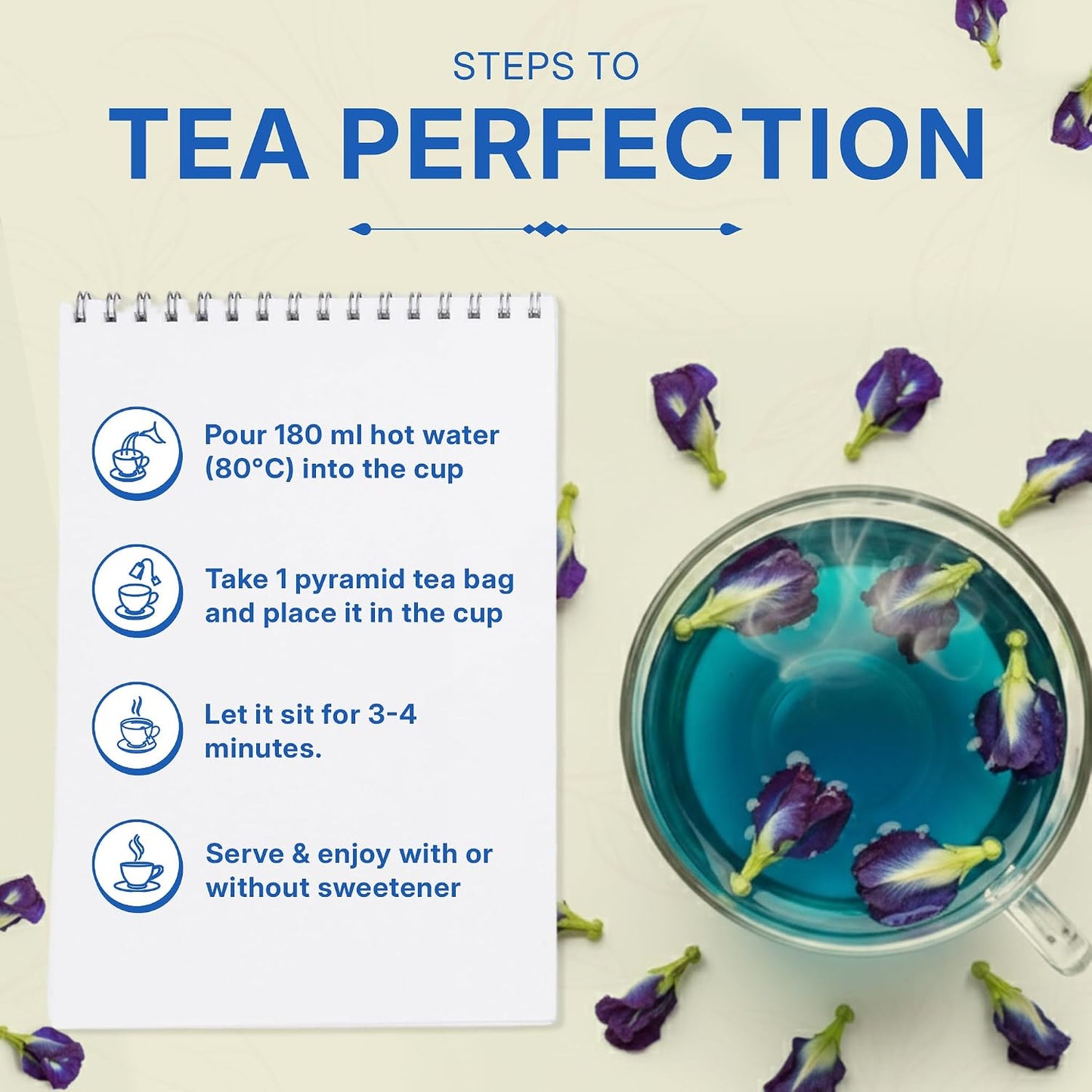 Tealeaf &amp; Co. Butterfly Pea Herbal Tea Bags Blended with Fresh Herbs - Herbal Tea with Butterfly Pea Flower - Contains Low Caffeine - Gluten Free - 50Teabags (3.52oz/100gm)