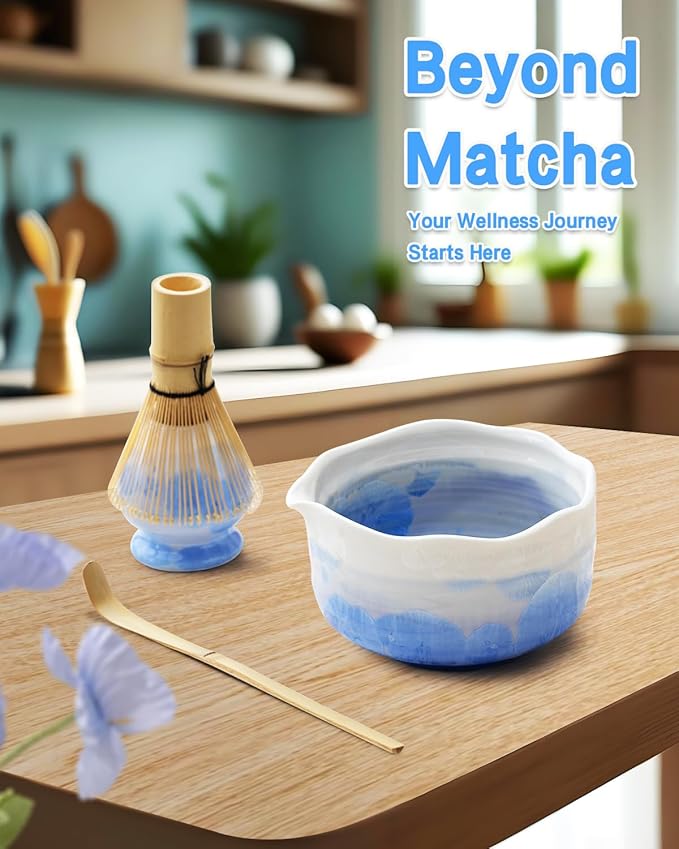 Natural Crystal Flower Matcha Set - 4 Pcs Food Grade Matcha Kit with Spouted Bowl, Matcha Whisk, Scoop and Chasen Holder