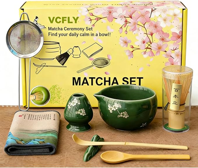 Matcha Whisk Set,8 Pcs Ceramic Matcha Set for Ceremony,Matcha Whisk kit with Bowl,Bamboo Whisk and Holder,Scoop,Sifter