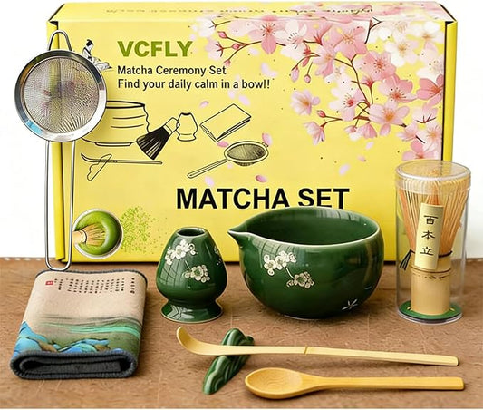 Matcha Whisk Set,8 Pcs Ceramic Matcha Set for Ceremony,Matcha Whisk kit with Bowl,Bamboo Whisk and Holder,Scoop,Sifter
