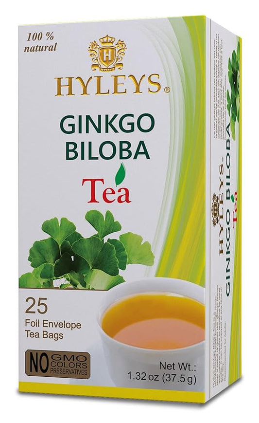 Hyleys Ginkgo Biloba Green Tea – Brain Support Blend with Citrus – 100% Natural, Gluten-Free, Non-GMO, Memory & Focus Tea – 25 Tea Bags