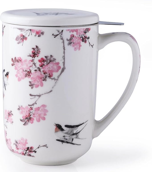 AmorArc Porcelain Tea Mug with Infuser and Lids, 18 Oz Coffee Cup Strainer with Bag Holder for Loose Leaf Tea