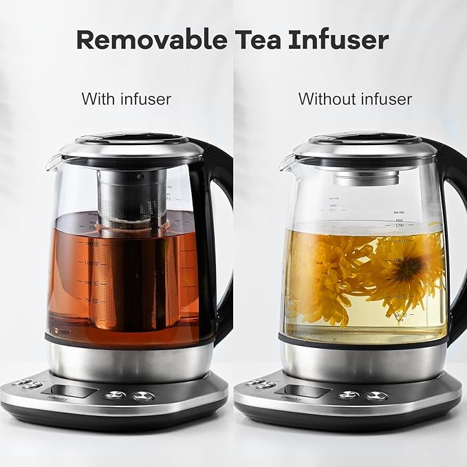 Mecity Electric Tea Kettle Borosilicate Glass Tea Maker With Temperature Control and Infuser - LCD Display and Preset Brewing Programs - 1.7 Liter Water Boiler