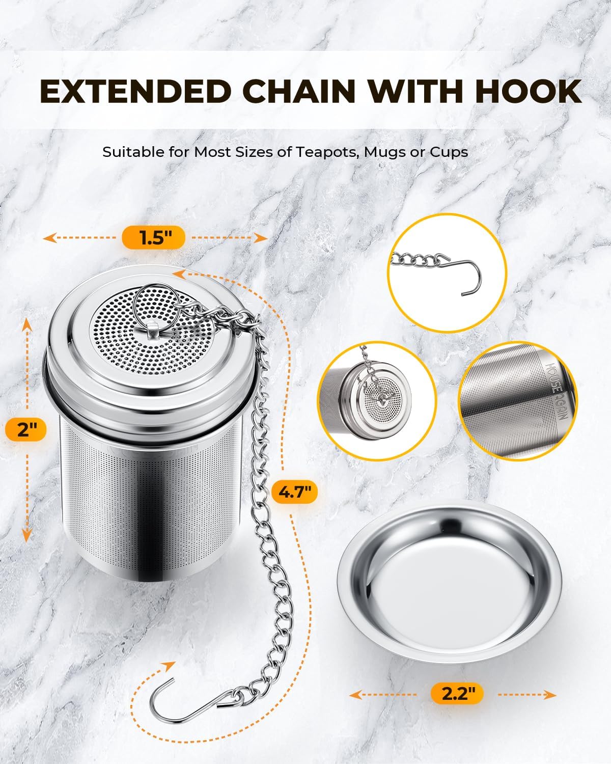 HOUSE AGAIN Tea Infuser, Extra Fine Mesh Tea Strainers for Loose Tea, 18/8 Stainless Steel Tea Strainer with Extended Chain Hook, Tea Steeper for Brew Tea, Spices &amp; Seasonings for Single Cup, 1 Pack