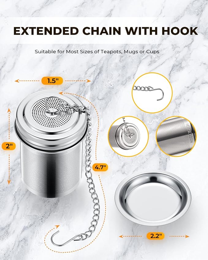 House Again Tea Infuser, Extra Fine Mesh Tea Strainers for Loose Tea, 18/8 Stainless Steel Tea Strainer with Extended Chain Hook