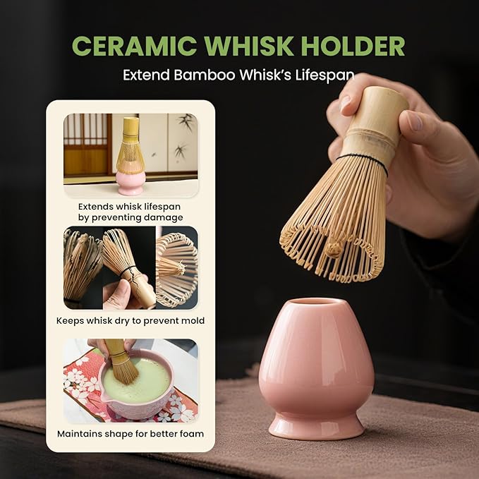 Matcha Whisk Set, Pink Matcha Kit (9 Pcs) Includes Bowl, Whisk, Holder, Scoop, Sifter, Spoon, Rest, Mat, Book