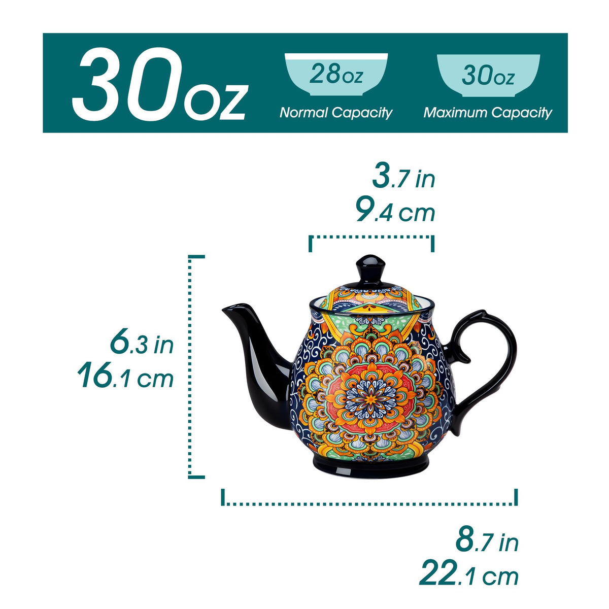 vancasso SIMI 28 oz Porcelain Teapot, Bohemian Ceramic Tea Pot with Regal Bloom Pattern, Microwave & Dishwasher Safe