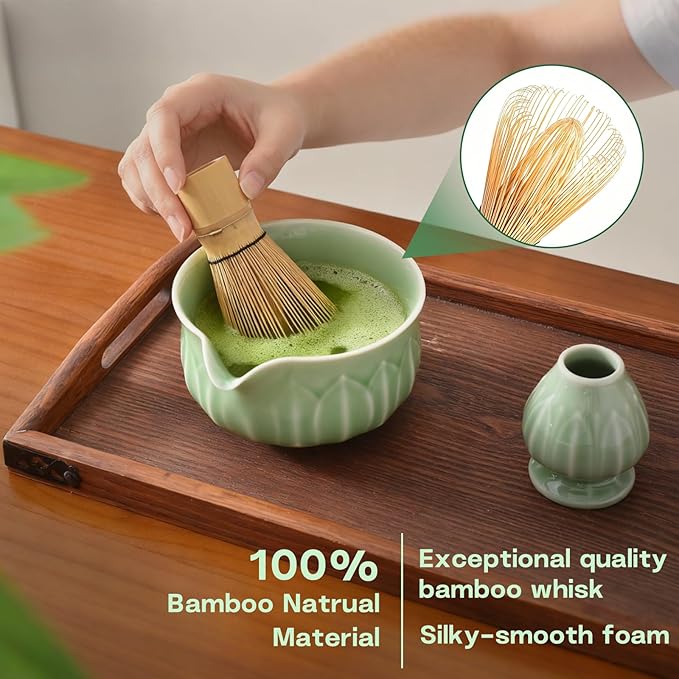 ZentButCool Matcha Set Includes Ceramic Matcha Bowl, Bamboo Whisk (Chasen), Scoop, Stainless Steel Matcha Sifter, And Whisk Holder (Nature)