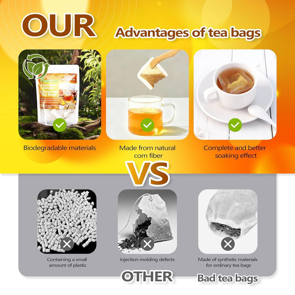 AISDWH, 60 Premium Turmeric Ginger Cinnamon Tea Bags, Caffeine-Free