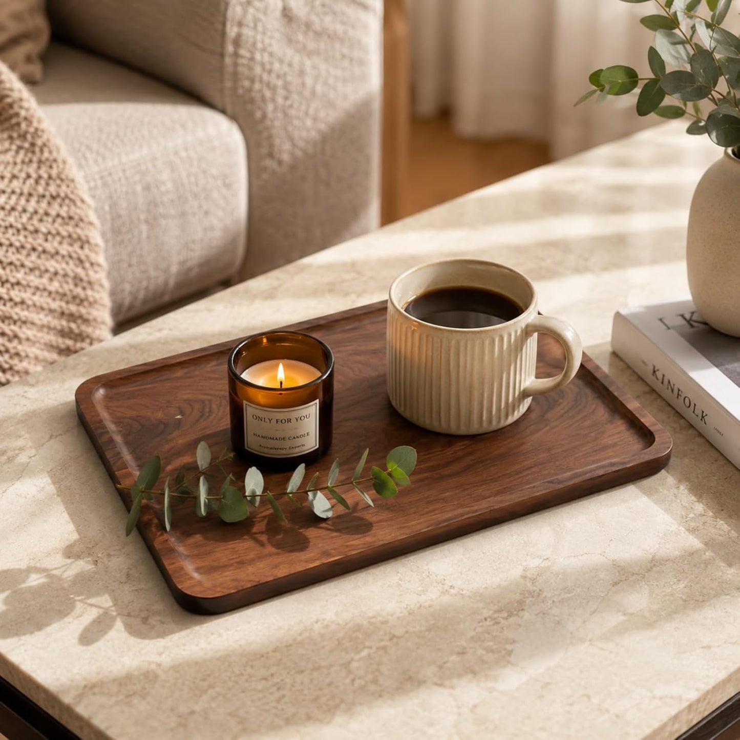 Bamber Wood Serving Tray Wooden Decorative Coffee Tea Platter Black Walnut 13.4 x 9 Inches