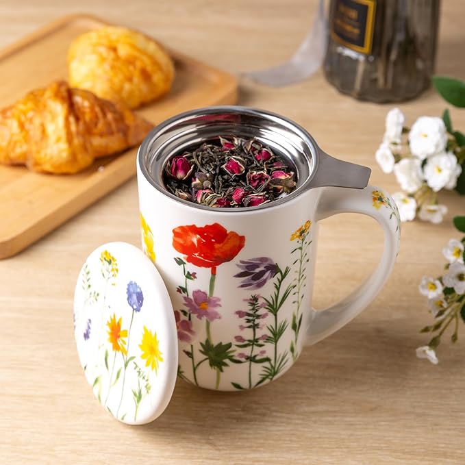 AmorArc Porcelain Tea Mug with Infuser and Lids, 18 Oz Coffee Cup Strainer with Bag Holder for Loose Leaf Tea