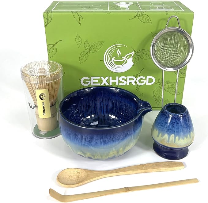 Matcha Whisk Set 6 pc Kit - Traditional Japanese Chasen, Bamboo Whisk Holder, Ceramic Bowl with Spout, Sifter & 2 pc Spoons - matcha kit set