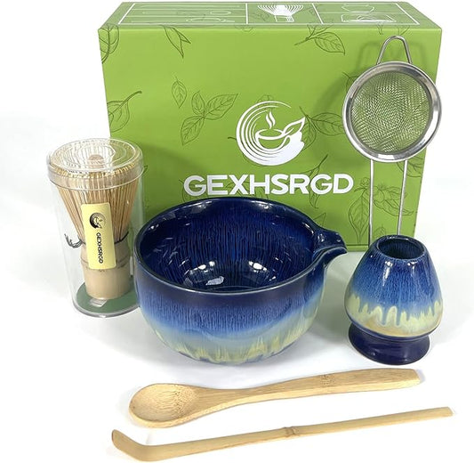Matcha Whisk Set 6 pc Kit - Traditional Japanese Chasen, Bamboo Whisk Holder, Ceramic Bowl with Spout, Sifter & 2 pc Spoons - matcha kit set