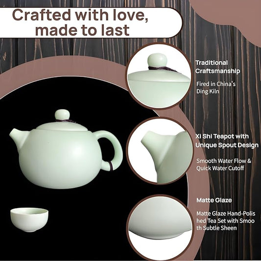Portable Chinese Gongfu Tea Set - Handcrafted Ceramic Tea Set for Chinese/Japanese Tea Ceremony, Complete with Teapot & 4 Cups, Travel-Friendly Gift Set (Light green)