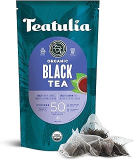 Teatulia Organic Black Tea Bags (50 Pyramid Sachet Teabags) 100% Compostable and Sustainably Grown In Bangladesh. Pure Black Tea Strong English Breakfast