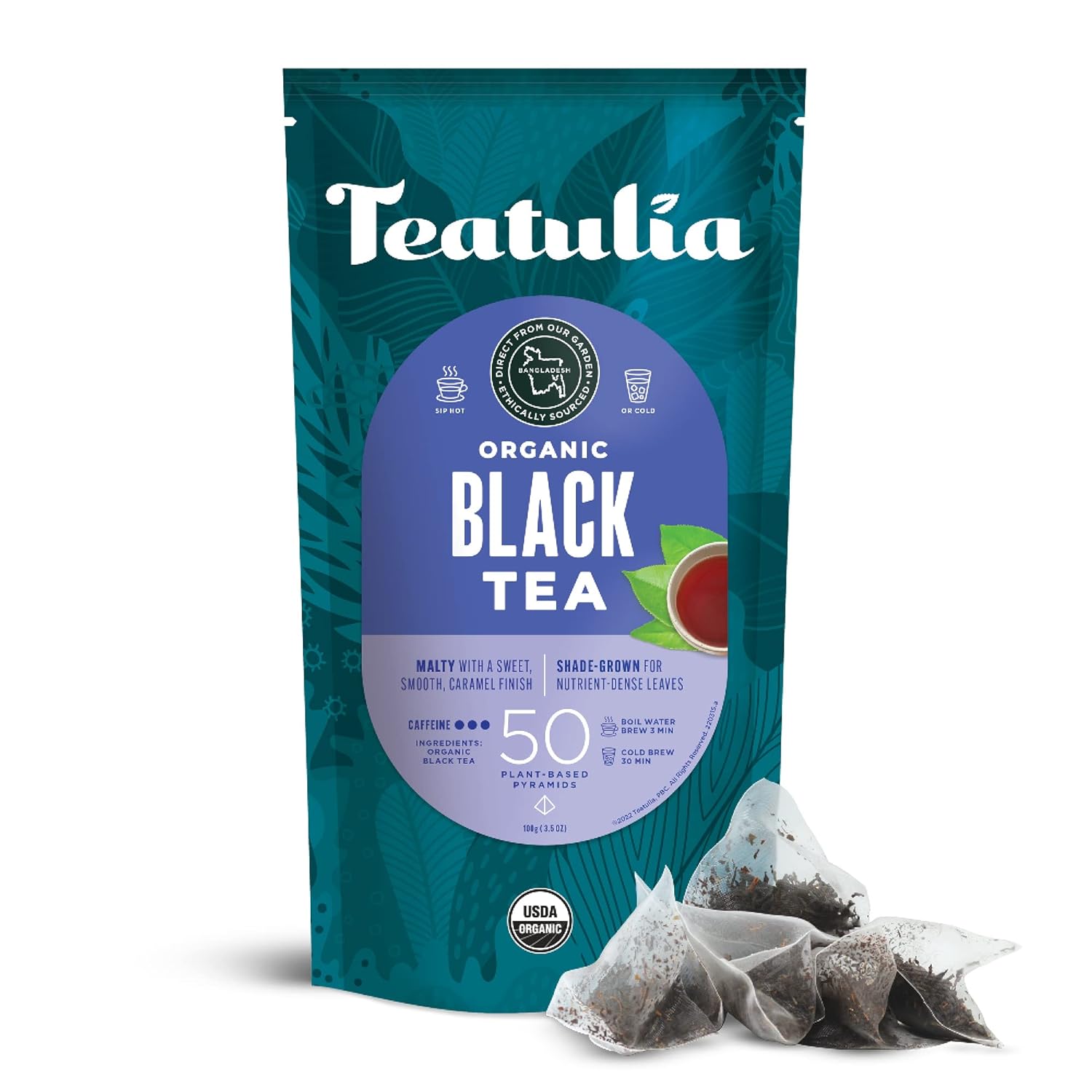 Teatulia Organic Black Tea Bags (50 Pyramid Sachet Teabags) 100% Compostable and Sustainably Grown In Bangladesh. Pure Black Tea Strong English Breakfast