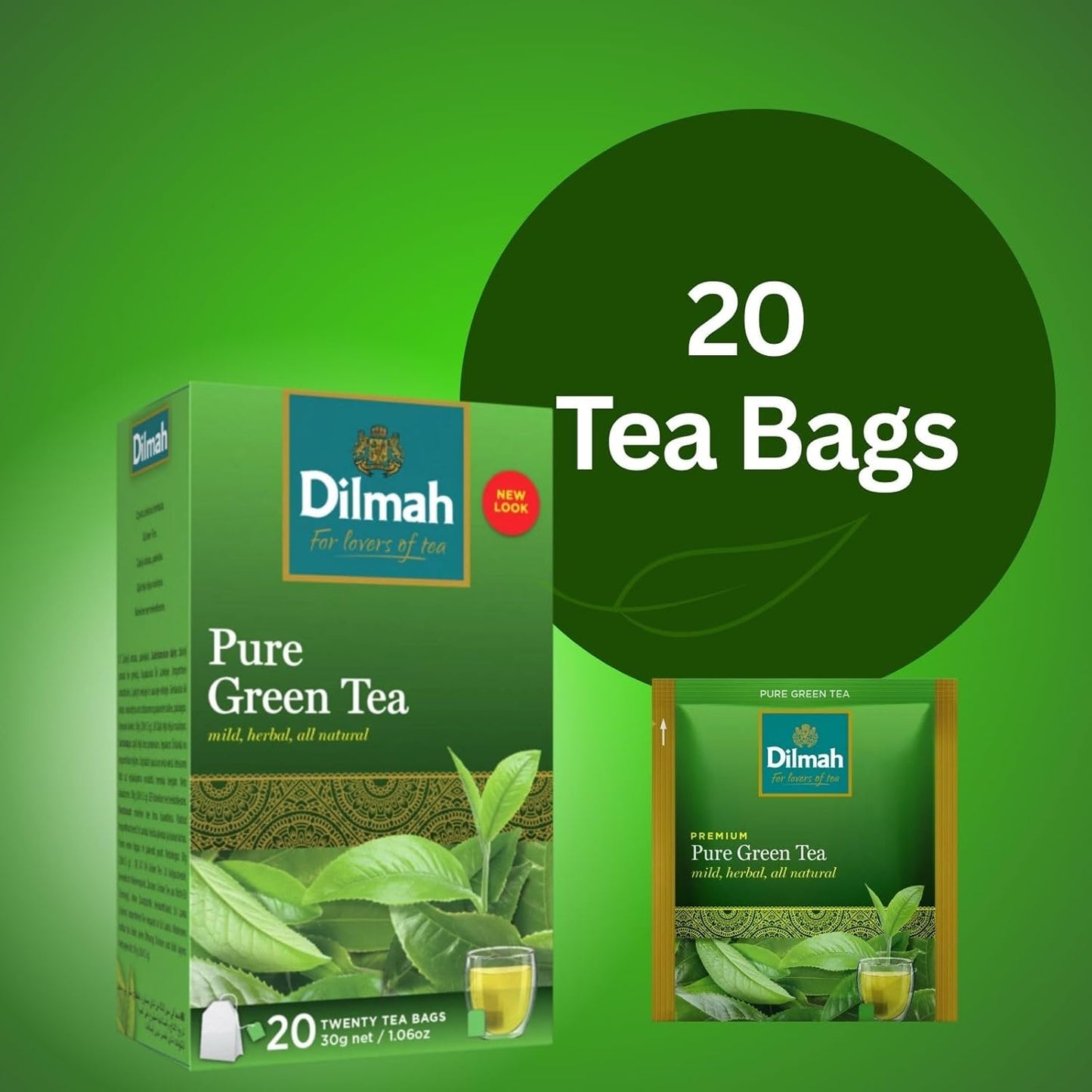 Dilmah Pure Ceylon Green Tea Bags, 20 Individually Wrapped Tea Bags, Smooth Green Tea from Sri Lanka, Great for Hot or Iced Tea