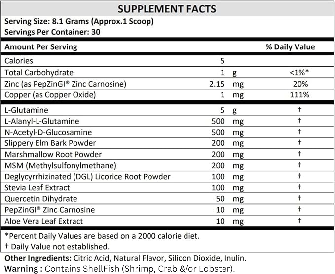 Terra Origin Healthy Gut Powder (Honey Lemon), 30-Servings with L-Glutamine, Zinc, Glucosamine, Slippery Elm Bark and More!