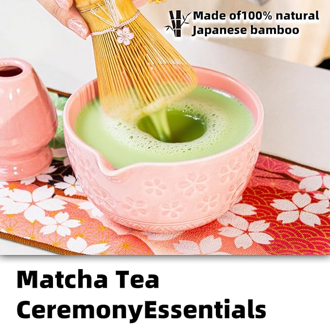 Matcha Whisk Set with Matcha Bowl, Matcha Bamboo Whisk, Scoop, Sifter, Matcha Whisk Holder Unique Gifts for Friend Home Kitchen Decor Gifts for