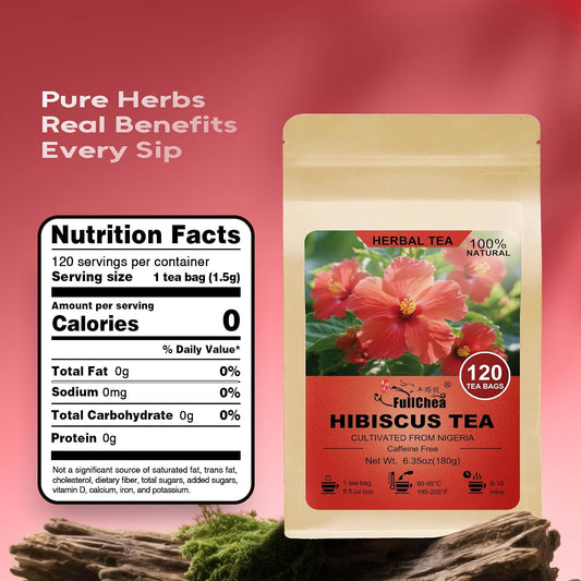 FullChea Hibiscus Tea Bags, 120 Counts, Flor De Jamaica, Non-GMO | Pure Hibiscus Flowers, Caffeine-Free, Support Digestion &amp; Boost Immunity, Hot &amp; Iced Tea, No Additives, Resealable Pouch