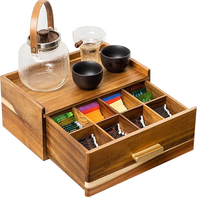 Acacia Wood Tea Bag Organizer, Tea Organizers and Storage Box, Tea Caddy for Tea Bags Storage Drawer, Teabag Holder Container Boxes for Countertop