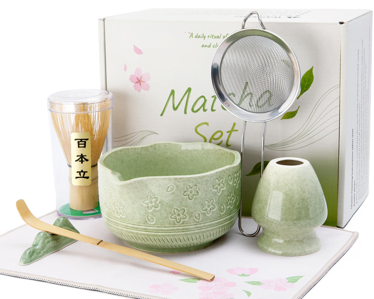 ALBISS Matcha Whisk Set, 7Pcs Ceramic Matcha Kit with Cherry Blossom Design