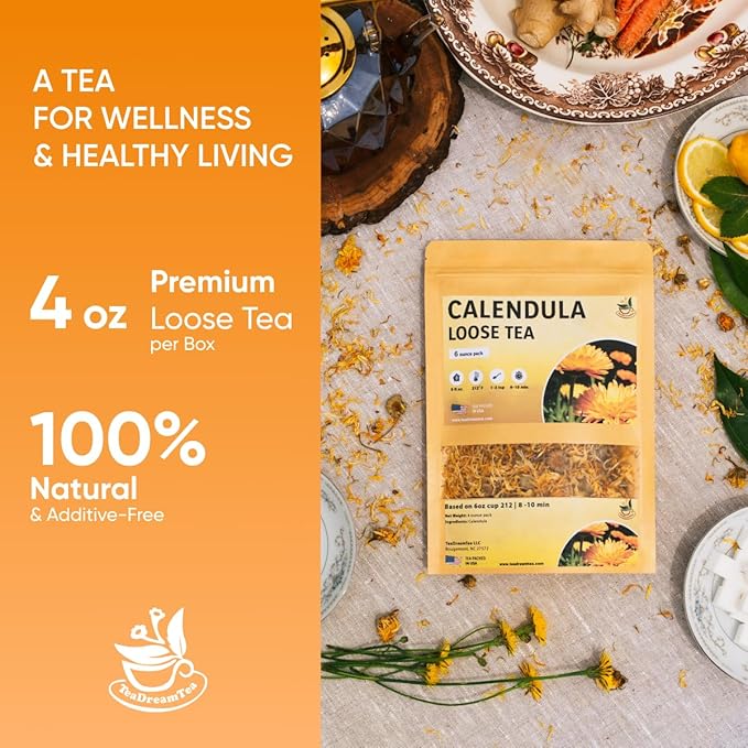 Calendula Loose Tea – 6 oz Size - Marigold & Dried - Calendula Tea Bulk Flowers Gluten-Free and Caffeine-Free Herbal tea for Relaxation, Wallness, From real Flowers with Smooth Taste