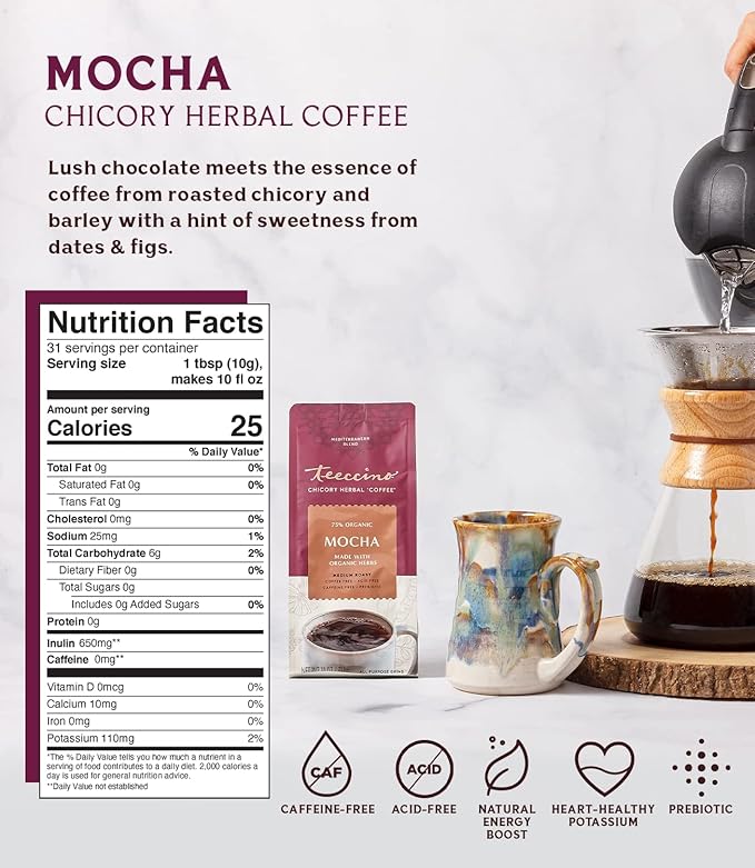 Teeccino Mocha Chicory Coffee Alternative - 11 Ounce - Ground Herbal Coffee That’s Prebiotic, Caffeine-Free & Acid Free, Medium Roast