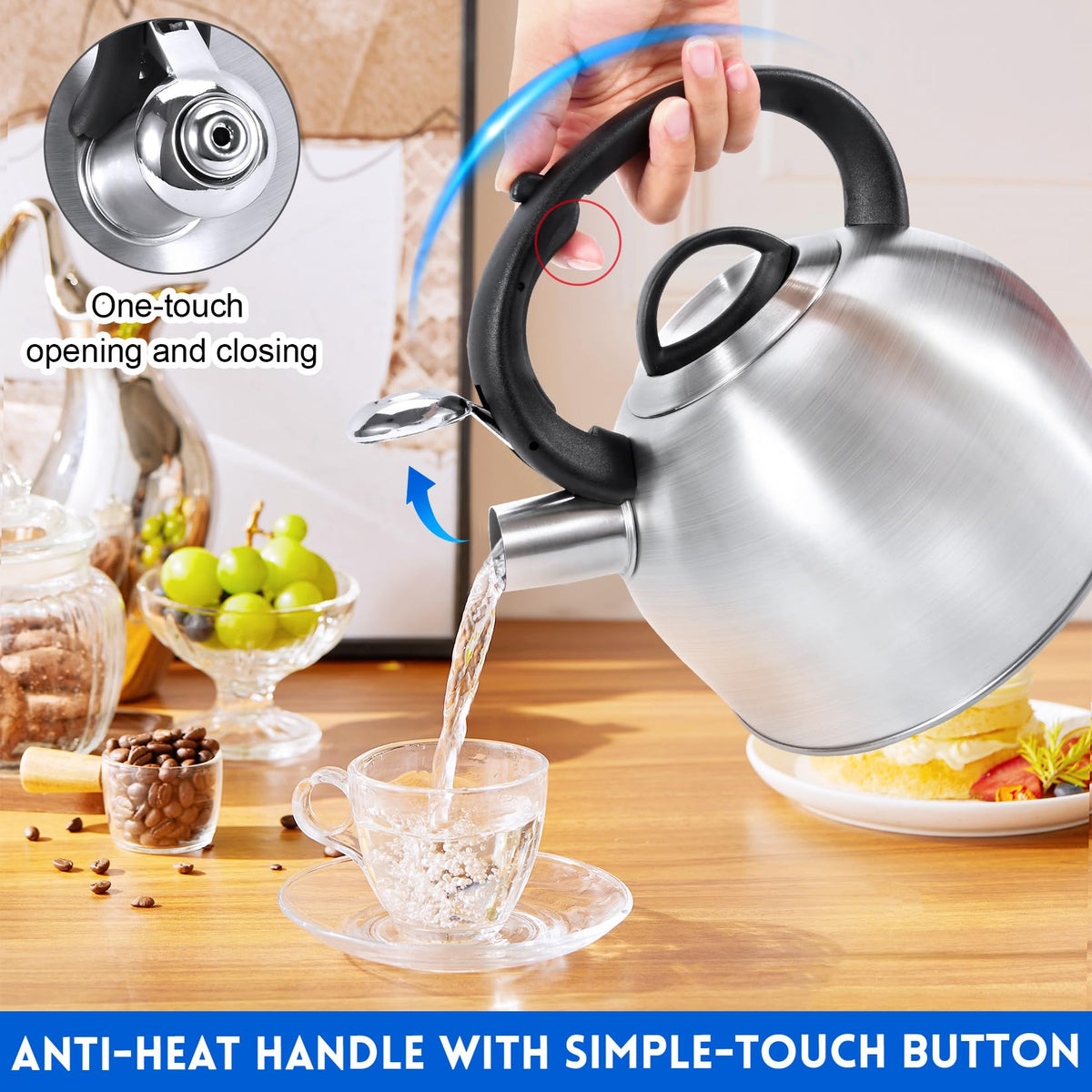 GGC Whistling Stove Top Tea Kettles, 304 Stainless Steel Tea Kettles with Anti-Heat Handle, 3.1QT/3L Tea Pot for Boiling