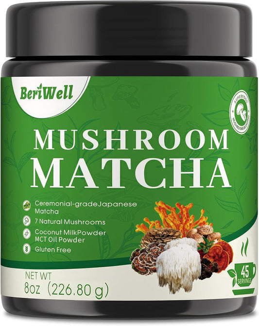 Mushroom Matcha Powder, Japanese Ceremonial Matcha Infused With 7 Superfood Mushrooms, MCT Oil, Coconut Milk Powder, Natural, Gluten Free, Taste Great Matcha Latter 8 Oz(45 Servings)