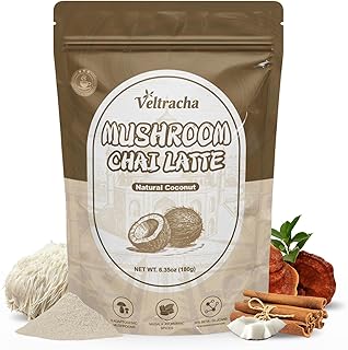 Veltracha Mushroom Chai Tea, Instant Decaf Chai Tea Powder with 6 Adaptogenic Mushrooms, Spiced Chai Latte for Energy & Focus Support, 6.35 oz 20 Servings (Natural Coconut)