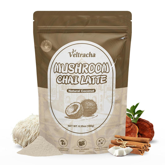 Veltracha Mushroom Chai Tea, Instant Decaf Powder, Natural Coconut | 6 Adaptogenic Mushrooms, Spiced Chai Latte, Energy &amp; Focus Support, 6.35 oz 20 Servings