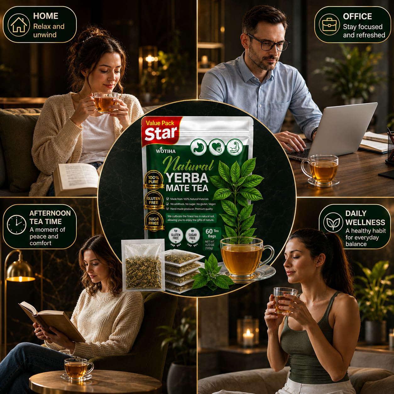 WOTIHA 60 Count Premium Unsmoked Yerba Mate Tea Bags - Sourced from Argentina, 100% Pure &amp; Natural Energy, Coffee Alternative, Additive-Free, Sugar-Free, Gluten-Free, Vegan, Non-GMO