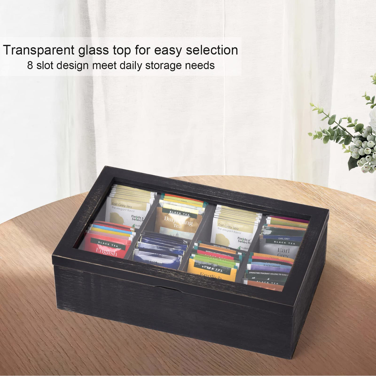 Alsonerbay Wooden Tea Box with Lid & 8-Compartment, Weathered Black