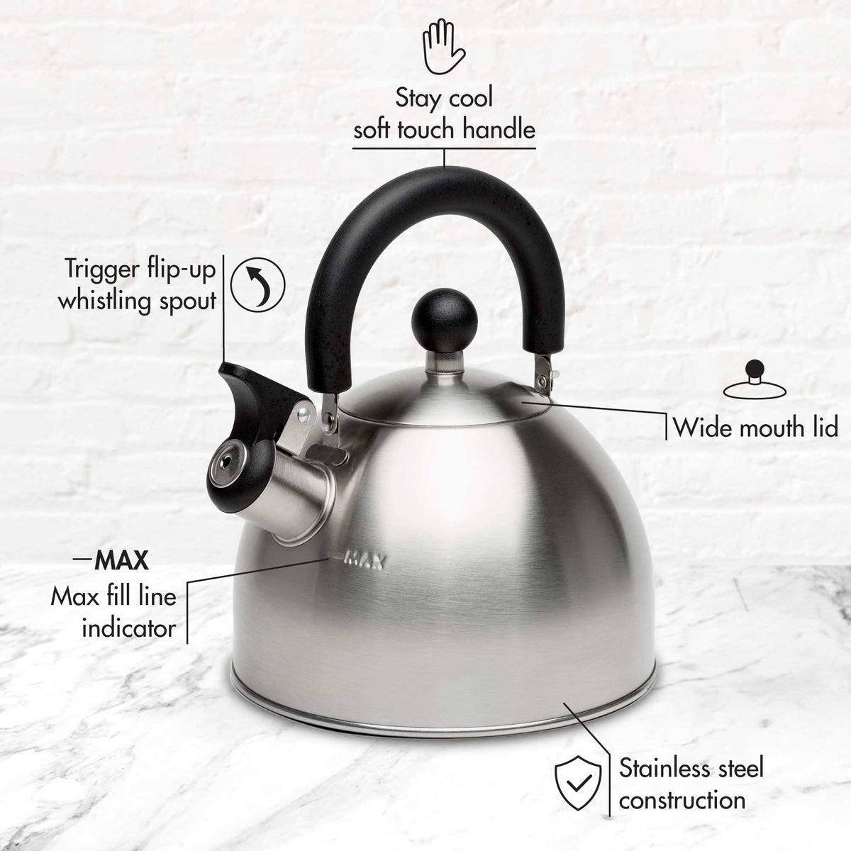 Primula Stewart Whistling Tea Kettle for Stovetop, Stainless Steel Stove Top Kettle with Fast Boil Whistling Spout and Cool