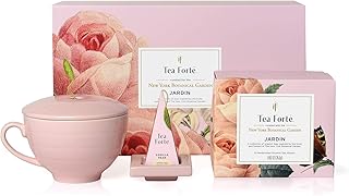 Tea Forte Jardin 3-Piece Premium Tea Gift Set with Rose Pink Cafe Cup with Lid, Tea Tray and 10 Assorted 2 of Each Variety Organic Handcrafted Pyramid Infuser Tea Bags