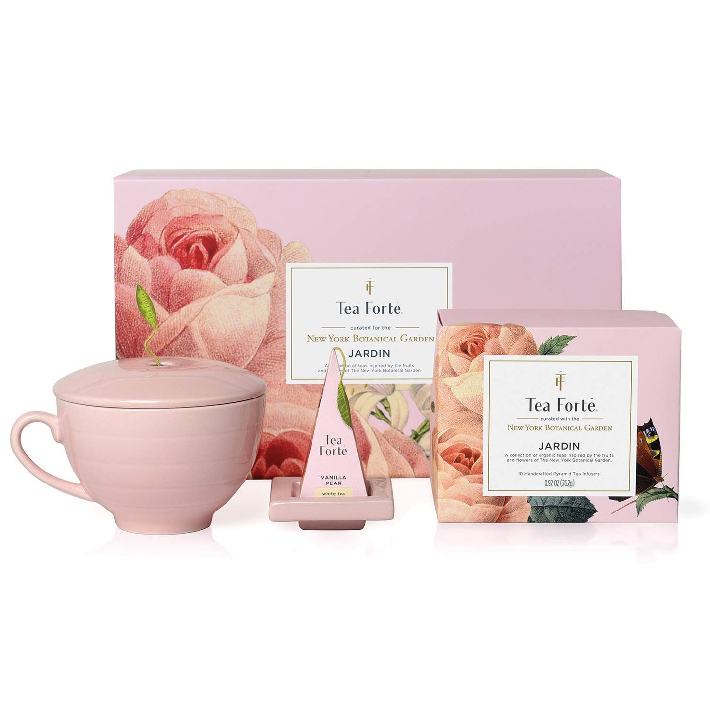 Tea Forte Café Cup Tea Gift Set, Jardin, 10 Pyramid Infusers | 8 oz Porcelain Tea Cup, Lid &amp; Tea Tray - 2 of Each Blend - Individually Wrapped - Giftable Presentation Box