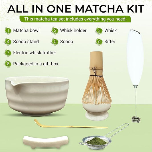 Matcha Whisk Set with Matcha Bowl - Matcha Set Included Electric Frother, Bamboo Whisk, Matcha Spoon, Bamboo Holder, Sifter, Spoon Stand (Wavy White)